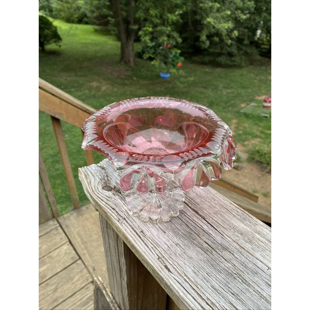 Vintage Antique Bohemian Czech Cut to Clear  Cranberry Candy Dish